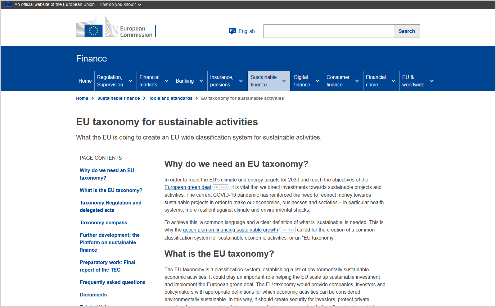 Página oficial de la Taxonomía en el sitio web de la Comisión Europea
